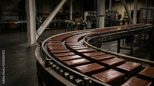 Shiny chocolate bars moving on a curved conveyor belt in a dimly lit food factory