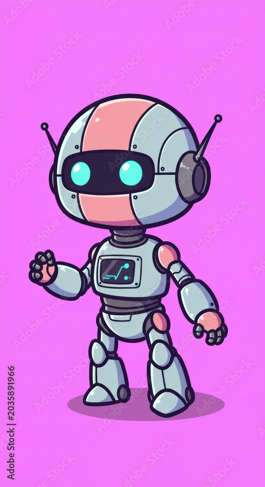 Fototapeta premium A cartoon robot with glowing eyes stands on a pink background waving