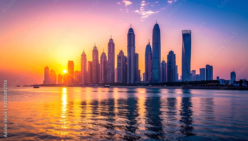 Obraz premium A serene city skyline at sunset over water (2)