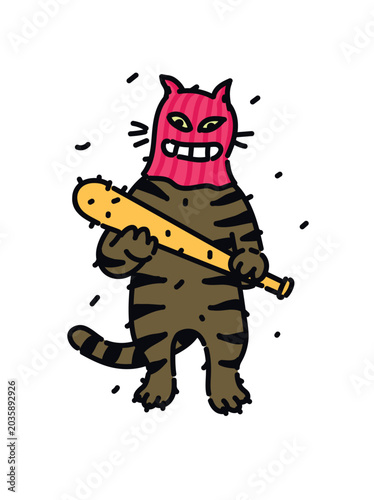 Edgy vector illustration of a tough tabby cat mascot holding a baseball bat. Gritty street style doodle for stickers, apparel design, and rebellious branding.