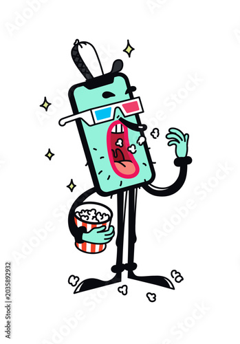 Retro rubber hose style vector illustration of a phone mascot in 3D glasses. Great for cinema apps, movie night posters, and tech stickers.