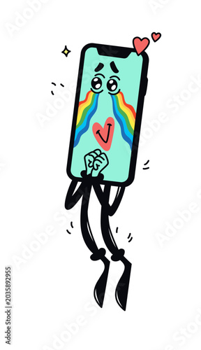 Cute retro rubber hose style vector of a phone mascot feeling loved. Perfect for dating apps, romantic stickers, social media reactions, and Valentine's Day designs.