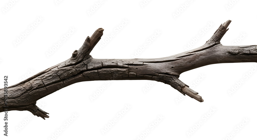Obraz premium Dry weathered tree branch with broken twigs isolated on transparent background