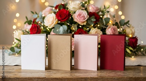 Set of blank greeting cards with rose bouquet and warm bokeh lights