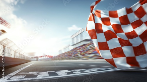 grandstands. A checkered flag waving in the wind at a finish line. event key visuals, club posters, designed for sports event promotions and stadium branding and fitness apps and gym onboarding.