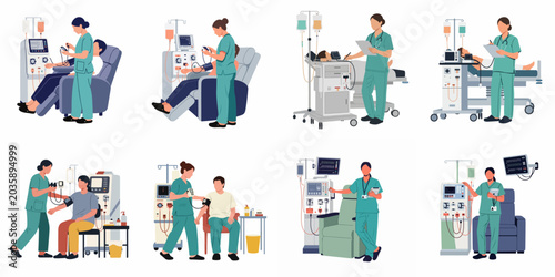 Obraz na płótnie Collection of flat illustrations depicting nurses performing dialysis treatment and monitoring patients with medical equipment in a hospital or clinic setting