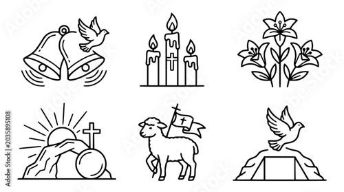 Bild auf Leinwand Christianity Symbols Icons Set: Bells, Dove, Candles, Lily, Cross, Lamb, Easter