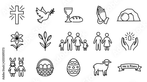 Tableau sur toile Christianity and Easter Icons: Cross, Dove, Lily, Family, Egg, Lamb, Resurrectio