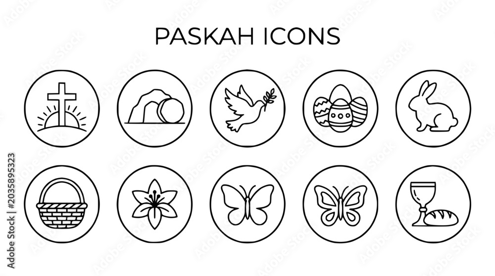 Fototapeta premium Paskah Icons Set: Cross, Empty Tomb, Dove, Eggs, Rabbit, Basket, Flower, Butterflies, Chalice