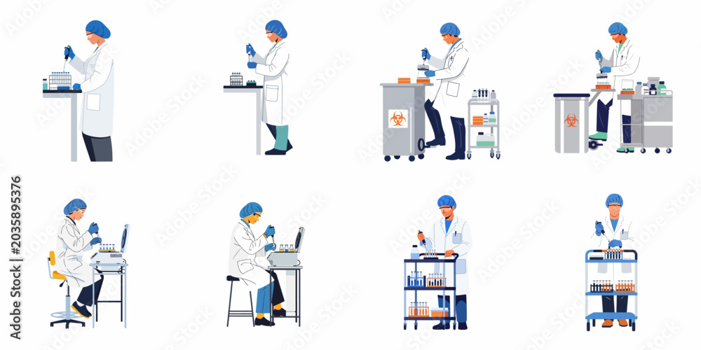 Fototapeta premium Flat illustration set of male and female scientists working with laboratory equipment, conducting research and experiments in a modern medical laboratory environment.