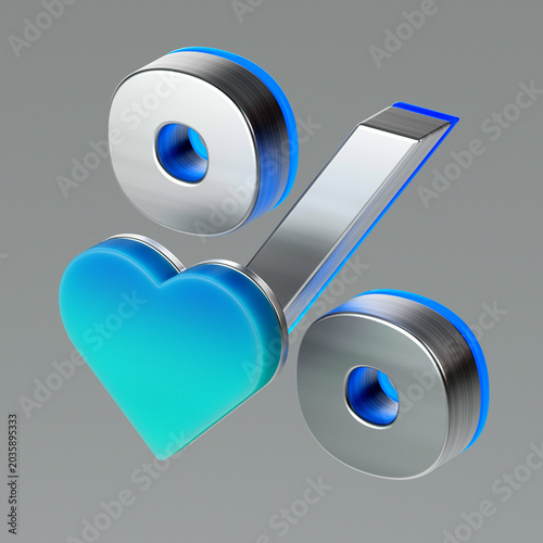 3d illustration of a percentage with a blue heart. This symbol is used to showcase sales, discounts, loyalty programs, special offers, and financial or business intelligence.