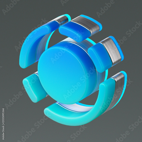 3D render of an abstract technological core or interface element. The glossy blue and metallic silver components suggest high-tech engineering and innovation, UI elements, and digital projects