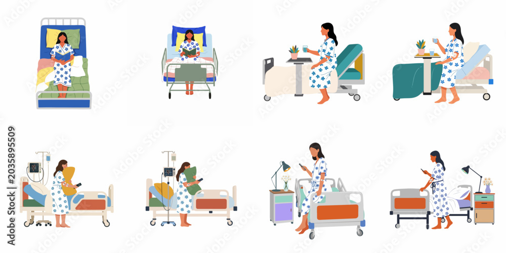 Naklejka premium Flat vector illustration set of a female patient in a hospital bed performing various activities like reading, drinking water, and using a phone.