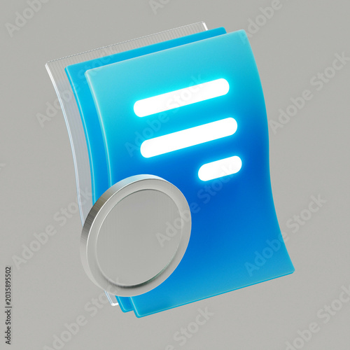 3D illustration. A blue icon, a form document icon with a coin or token icon.