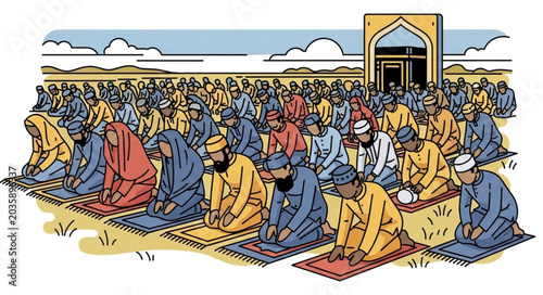 Valokuva Large group of Muslim men praying together on prayer mats outside a mosque