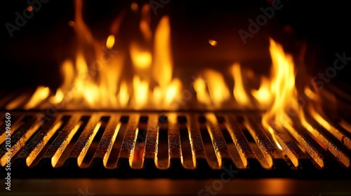 Flames Erupting from a Grill with Bright Orange and Yellow Fire Lights up the Dark Background, Creating a Dramatic Cooking Scene for Outdoor BBQ Events