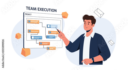Man pointing at team execution flowchart, project management concept