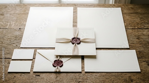 Elegant ivory wedding stationery suite with wax seals on wood