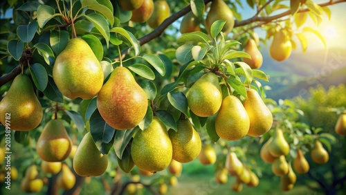 Bartlett pears hanging on the tree