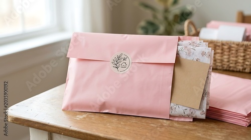 Pink poly mailer with floral tissue paper on a wooden table