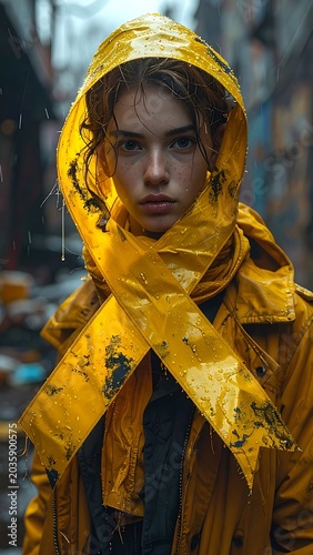 Young woman wearing yellow raincoat outside.