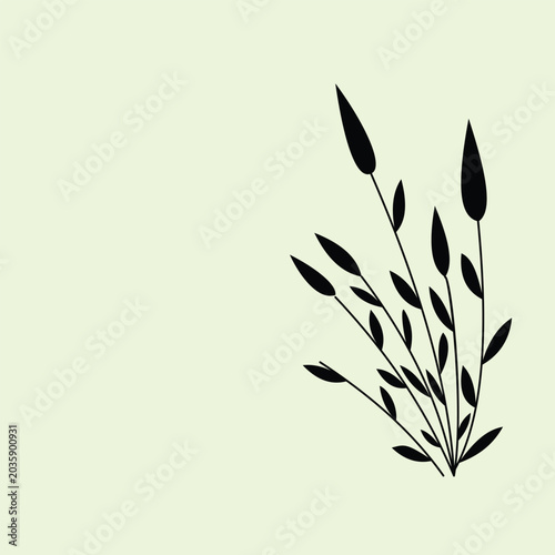 Modern minimalist black plant leaf silhouette or wild grass reed stalk isolated on clean background. Perfect for contemporary botanical wall art, patterns, eco branding, and home decor designs.
