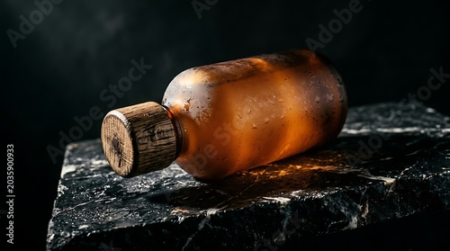 Amber glass bottle with wooden cap on dark wet marble