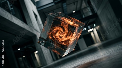 Floating glass cube with swirling fire energy in dark interior