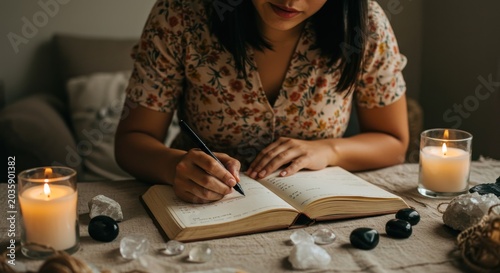 Woman writes in journal surrounded by candles and crystals on table indoors