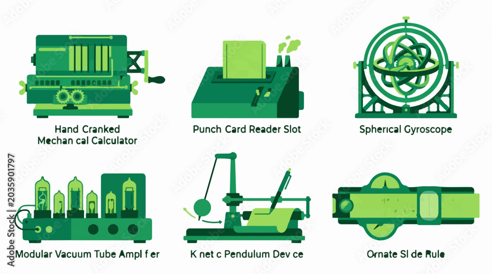 Naklejka premium Flat vector illustration set of six retro scientific and computing devices including a mechanical calculator, punch card reader, gyroscope, vacuum tube amplifier, pendulum, and slide rule.