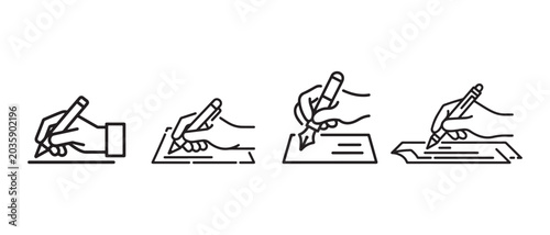 Set of four line art icons showing hands writing with pens and pencils on paper, representing different writing styles and tools.