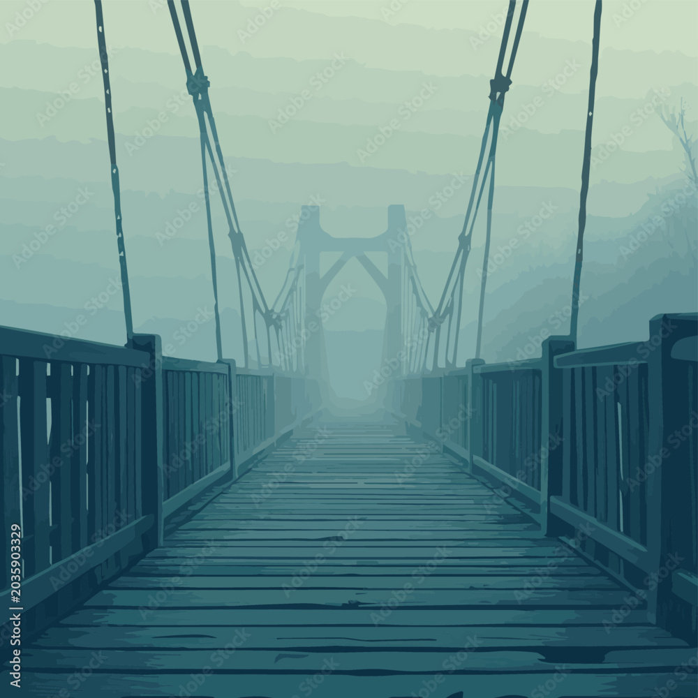 Fototapeta premium A foggy morning view of a secluded suspension bridge in a tranquil landscape creates a serene atmosphere.