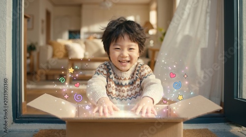 A happy little Asian boy opens a gift box featuring magic glowing light and colorful cartoon graphics at house