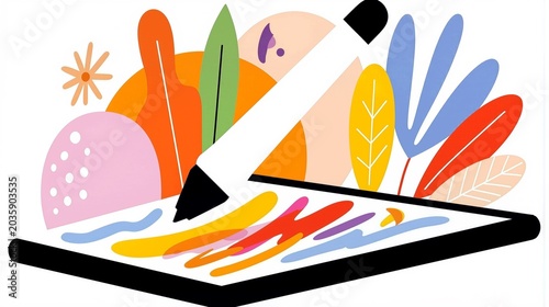 Close-up of a digital stylus pen resting on an active drawing screen with a vibrant vector design project visible in sharp clean-line vector artwork.