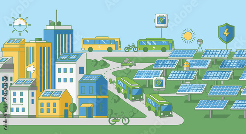 A sunny cityscape with solar panels, buildings, and green transportation on a green field