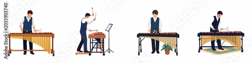 Canvastavla Vector illustration set of male musicians in formal suits playing xylophone and marimba percussion instruments isolated on a white background