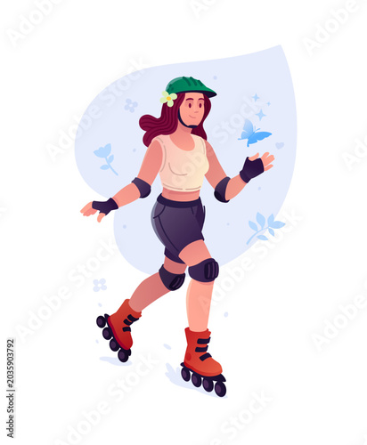 Young woman inline skating in safety helmet and protective gear vector illustration. Happy girl rollerblading with blue butterfly. Active summer outdoor sport, healthy lifestyle concept.