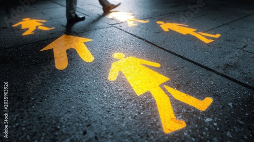 Yellow Human Figures and Arrow on Asphalt Ground Pathfinding