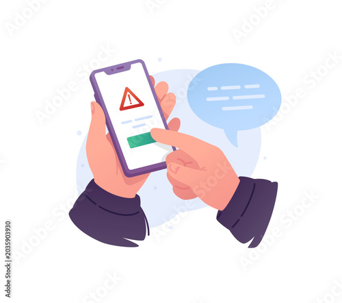 Hands holding smartphone with warning alert icon on screen vector illustration. Mobile app error notification, digital fraud cyber security threat and problem concept.
