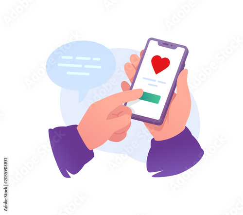 Hands holding smartphone with red heart on screen vector illustration. Online dating app, social media like, virtual love match and romantic chat communication concept.
