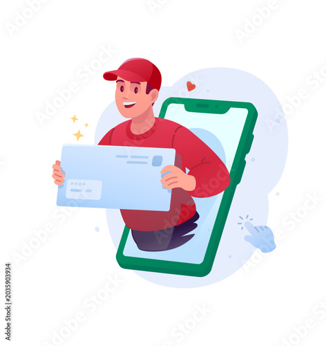 Man holding blue envelope appearing from smartphone screen vector illustration. Online mail shipping, digital email notification and mobile newsletter marketing concept.