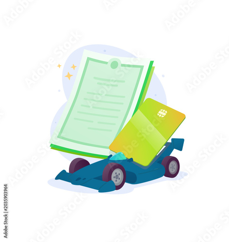 Racing car with insurance document and bank card vector illustration. Auto loan, fast vehicle payment, car buying and sports transport protection concept.