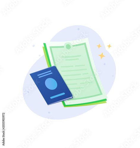 Blue passport with official document papers vector illustration. Identity card, travel visa, agreement contract, business license and citizen registration concept.