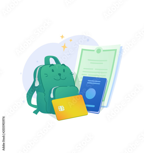 Cute kids green backpack with documents and bank card vector illustration. Child travel passport, student insurance certificate, youth banking and allowance concept.