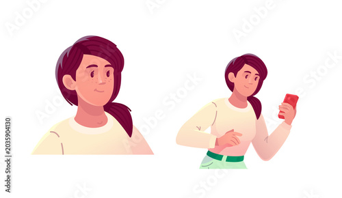 Happy woman avatar and portrait with smartphone vector character set. Vector illustration of a smiling young girl with a mobile phone and profile icon, ideal for app design and social media.