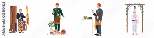 Bilde på lerret Illustration set of men wearing traditional Indonesian wedding costumes, including Javanese and Sundanese attire with batik and kris accessories