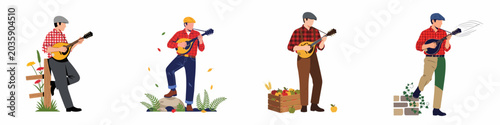 Tableau sur toile Set of illustrations showing a man in a flat cap and plaid shirt playing a mandolin in various outdoor farm and garden scenes