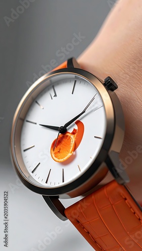 Watch with orange on wrist time.