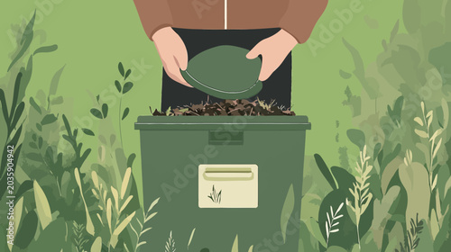 Person planting seeds into a green compost bin outdoors
