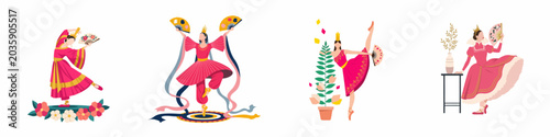 Foto A set of four flat vector illustrations featuring women in elegant pink traditional and theatrical costumes performing graceful dances with fans and ribbons